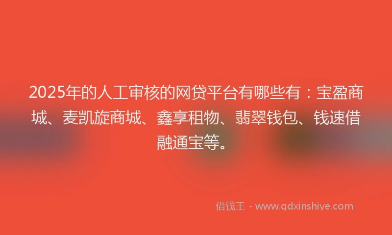 2025年的人工审核的网贷平台有哪些有：宝盈商城、麦凯旋商城、鑫享租物、翡翠钱包、钱速借融通宝等。
