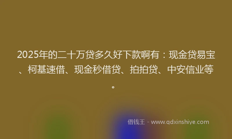 2025年的二十万贷多久好下款啊有：现金贷易宝、柯基速借、现金秒借贷、拍拍贷、中安信业等。