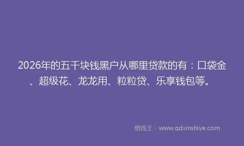 2026年的五千块钱黑户从哪里贷款的有：口袋金、超级花、龙龙用、粒粒贷、乐享钱包等。