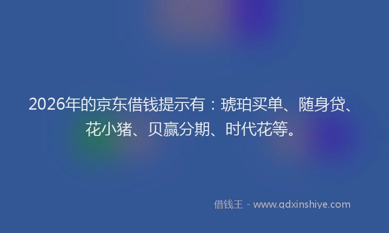 2026年的京东借钱提示有：琥珀买单、随身贷、花小猪、贝赢分期、时代花等。
