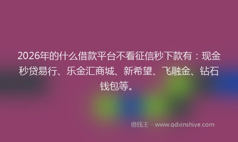2026年的什么借款平台不看征信秒下款有：现金秒贷易行、乐金汇商城、新希望、飞融金、钻石钱包等。