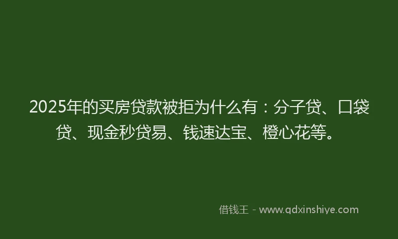 2025年的买房贷款被拒为什么有：分子贷、口袋贷、现金秒贷易、钱速达宝、橙心花等。