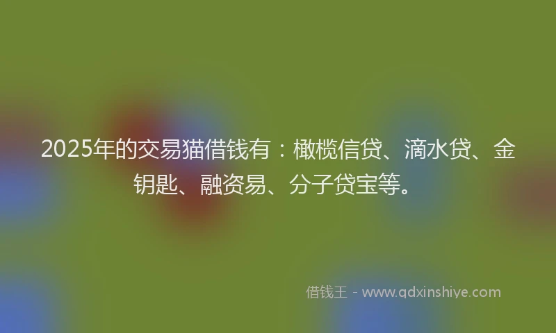 2025年的交易猫借钱有：橄榄信贷、滴水贷、金钥匙、融资易、分子贷宝等。