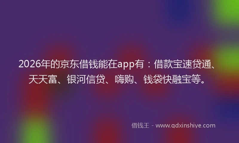 2026年的京东借钱能在app有：借款宝速贷通、天天富、银河信贷、嗨购、钱袋快融宝等。