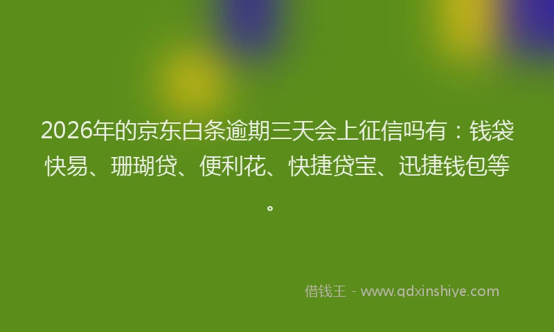 2026年的京东白条逾期三天会上征信吗有：钱袋快易、珊瑚贷、便利花、快捷贷宝、迅捷钱包等。