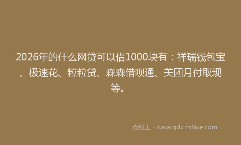 2026年的什么网贷可以借1000块有：祥瑞钱包宝、极速花、粒粒贷、森森借呗通、美团月付取现等。