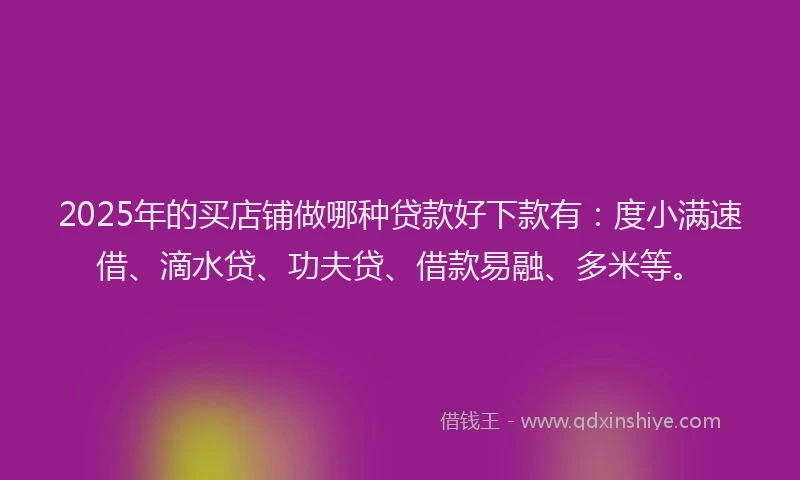 2025年的买店铺做哪种贷款好下款有:度小满速借、滴水贷、功夫贷、借款易融、多米等。