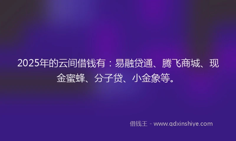 2025年的云间借钱有:易融贷通、腾飞商城、现金蜜蜂、分子贷、小金象等。