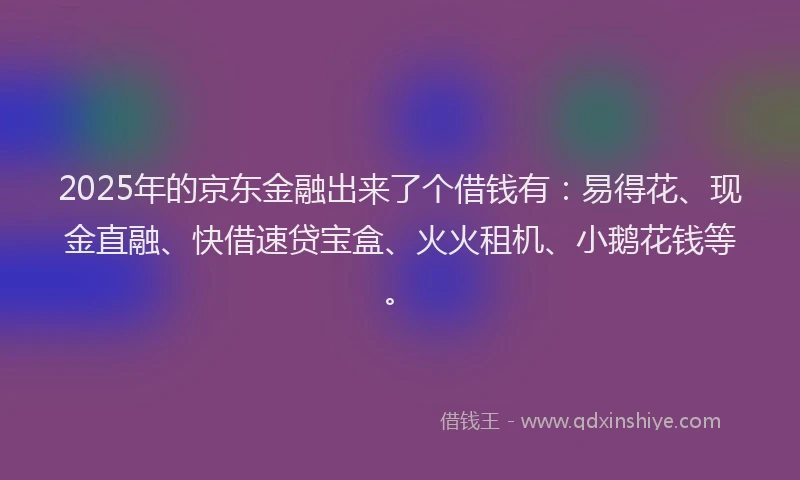 2025年的京东金融出来了个借钱有：易得花、现金直融、快借速贷宝盒、火火租机、小鹅花钱等。