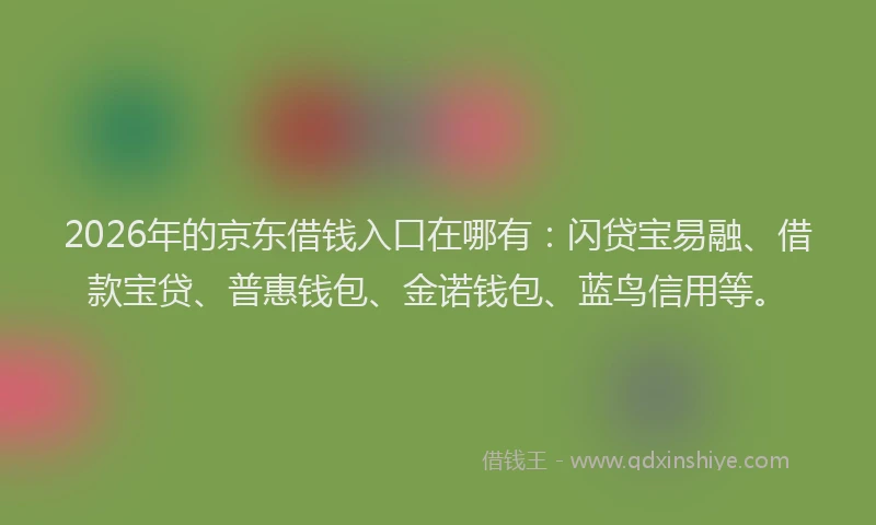 2026年的京东借钱入口在哪有：闪贷宝易融、借款宝贷、普惠钱包、金诺钱包、蓝鸟信用等。