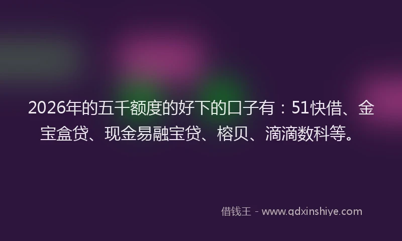 2026年的五千额度的好下的口子有：51快借、金宝盒贷、现金易融宝贷、榕贝、滴滴数科等。