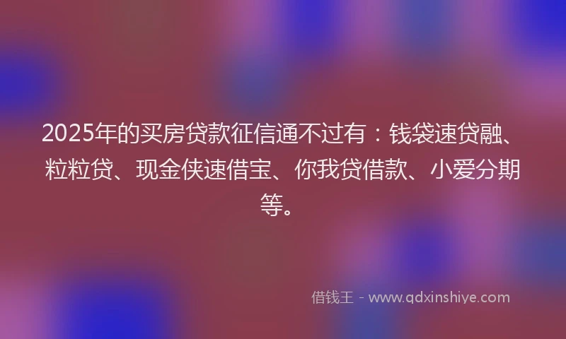 2025年的买房贷款征信通不过有:钱袋速贷融、粒粒贷、现金侠速借宝、你我贷借款、小爱分期等。