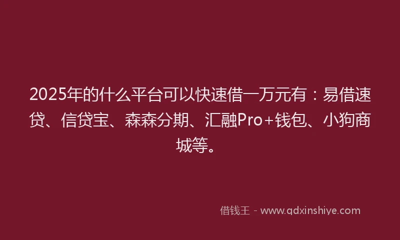 2025年的什么平台可以快速借一万元有：易借速贷、信贷宝、森森分期、汇融Pro+钱包、小狗商城等。