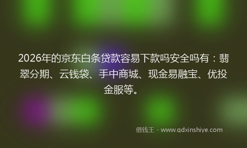 2026年的京东白条贷款容易下款吗安全吗有:翡翠分期、云钱袋、手中商城、现金易融宝、优投金服等。