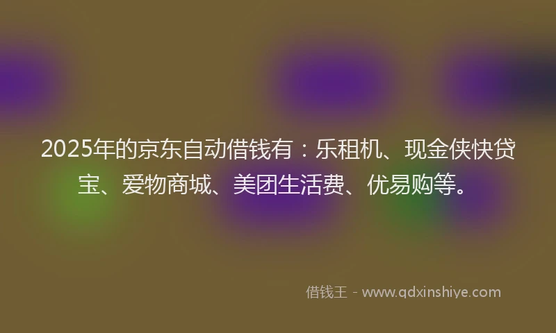 2025年的京东自动借钱有：乐租机、现金侠快贷宝、爱物商城、美团生活费、优易购等。