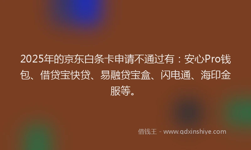 2025年的京东白条卡申请不通过有：安心Pro钱包、借贷宝快贷、易融贷宝盒、闪电通、海印金服等。