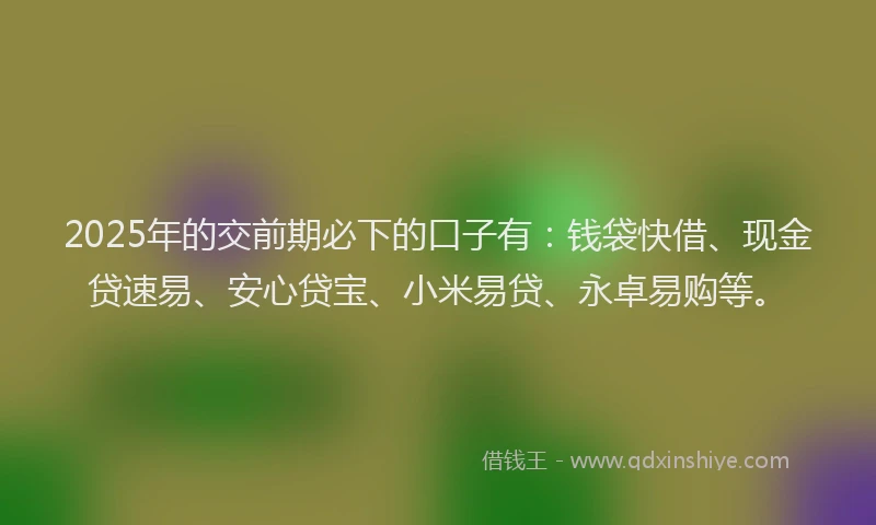 2025年的交前期必下的口子有:钱袋快借、现金贷速易、安心贷宝、小米易贷、永卓易购等。