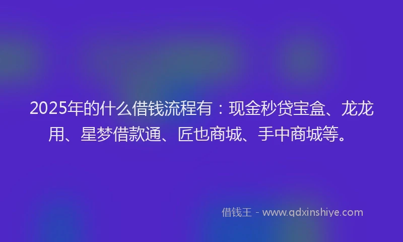 2025年的什么借钱流程有:现金秒贷宝盒、龙龙用、星梦借款通、匠也商城、手中商城等。