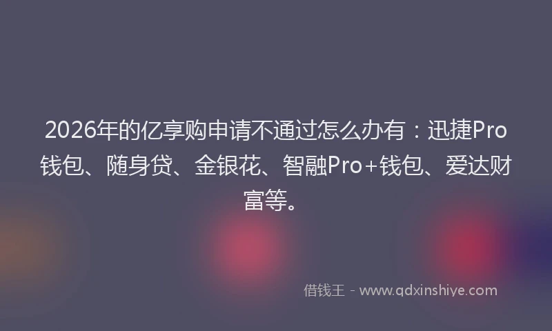 2026年的亿享购申请不通过怎么办有:迅捷Pro钱包、随身贷、金银花、智融Pro+钱包、爱达财富等。