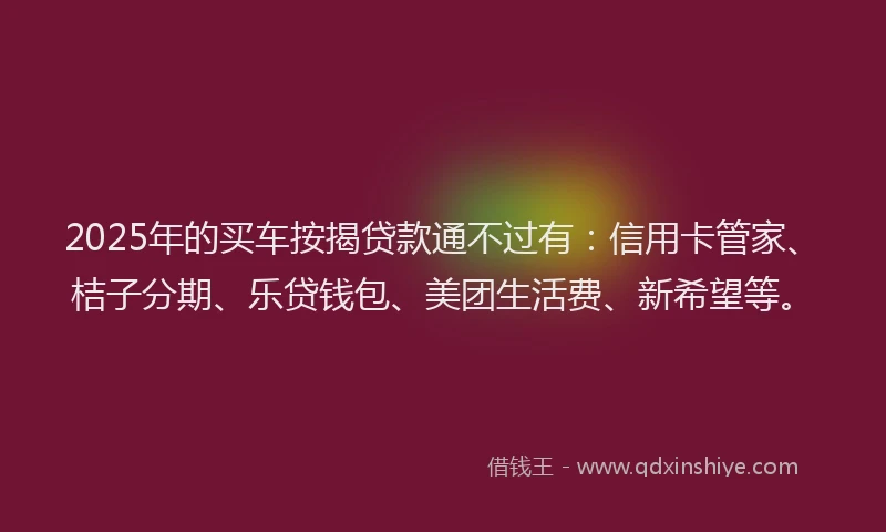 2025年的买车按揭贷款通不过有：信用卡管家、桔子分期、乐贷钱包、美团生活费、新希望等。