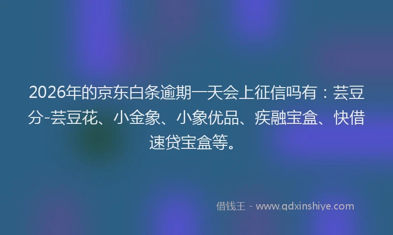 2026年的京东白条逾期一天会上征信吗有：芸豆分-芸豆花、小金象、小象优品、疾融宝盒、快借速贷宝盒等。