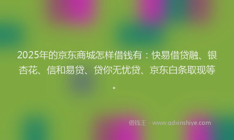 2025年的京东商城怎样借钱有:快易借贷融、银杏花、信和易贷、贷你无忧贷、京东白条取现等。