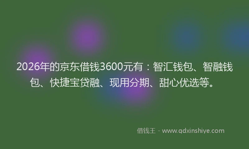 2026年的京东借钱3600元有:智汇钱包、智融钱包、快捷宝贷融、现用分期、甜心优选等。