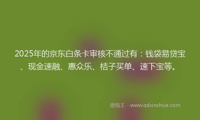 2025年的京东白条卡审核不通过有：钱袋易贷宝、现金速融、惠众乐、桔子买单、速下宝等。