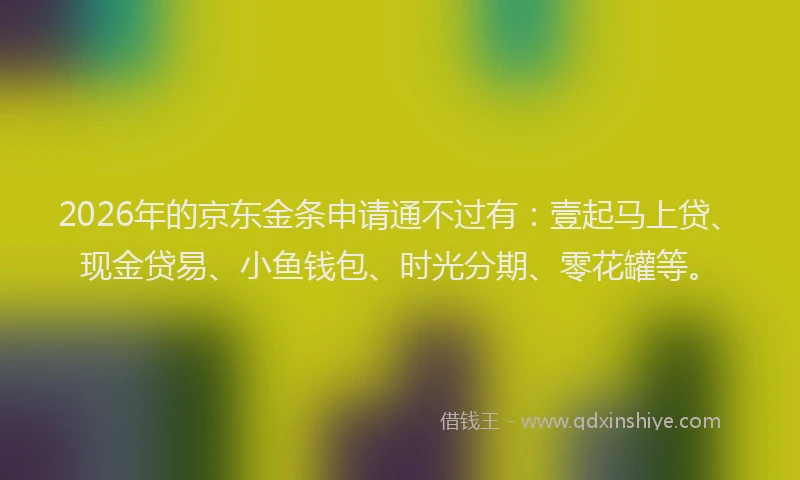 2026年的京东金条申请通不过有:壹起马上贷、现金贷易、小鱼钱包、时光分期、零花罐等。