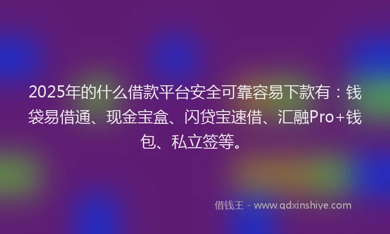 2025年的什么借款平台安全可靠容易下款有：钱袋易借通、现金宝盒、闪贷宝速借、汇融Pro+钱包、私立签等。