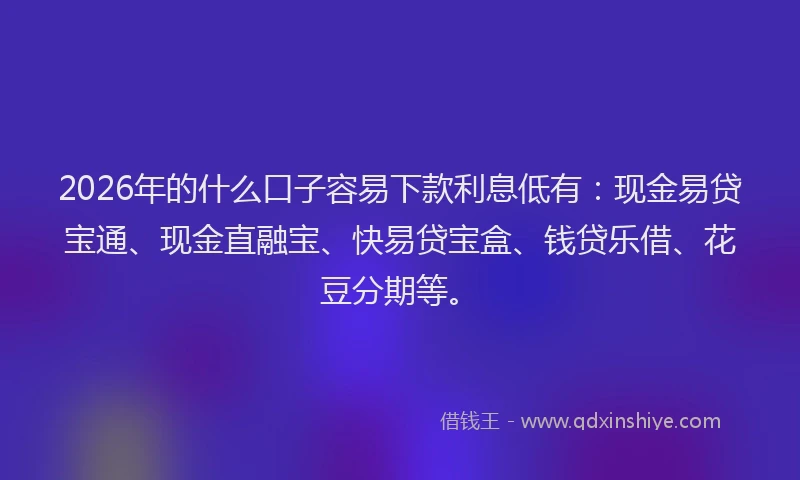 2026年的什么口子容易下款利息低有:现金易贷宝通、现金直融宝、快易贷宝盒、钱贷乐借、花豆分期等。