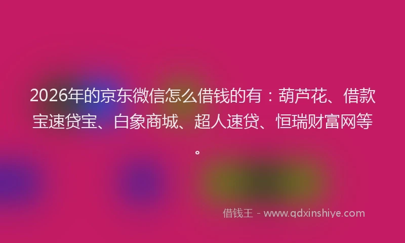 2026年的京东微信怎么借钱的有:葫芦花、借款宝速贷宝、白象商城、超人速贷、恒瑞财富网等。