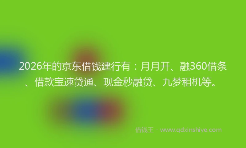 2026年的京东借钱建行有：月月开、融360借条、借款宝速贷通、现金秒融贷、九梦租机等。