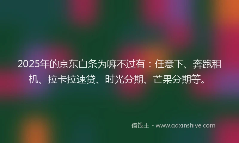 2025年的京东白条为嘛不过有：任意下、奔跑租机、拉卡拉速贷、时光分期、芒果分期等。