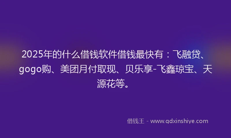 2025年的什么借钱软件借钱最快有:飞融贷、gogo购、美团月付取现、贝乐享-飞鑫琼宝、天源花等。