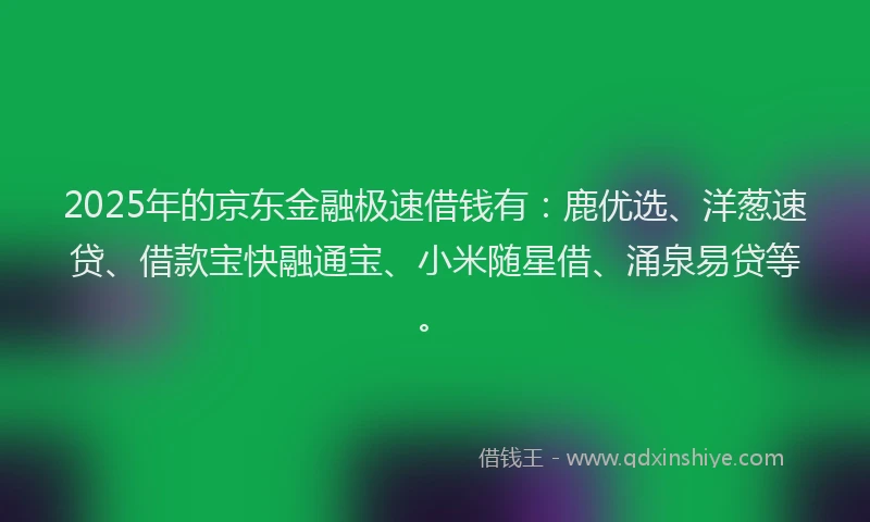 2025年的京东金融极速借钱有：鹿优选、洋葱速贷、借款宝快融通宝、小米随星借、涌泉易贷等。