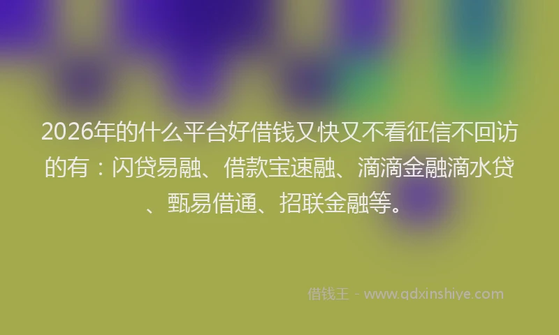 2026年的什么平台好借钱又快又不看征信不回访的有：闪贷易融、借款宝速融、滴滴金融滴水贷、甄易借通、招联金融等。