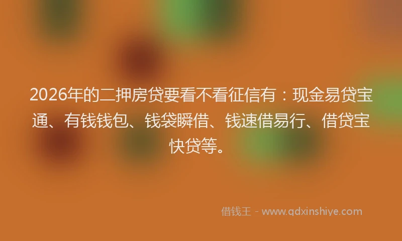 2026年的二押房贷要看不看征信有：现金易贷宝通、有钱钱包、钱袋瞬借、钱速借易行、借贷宝快贷等。