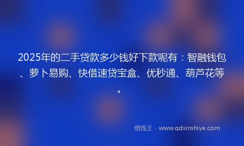 2025年的二手贷款多少钱好下款呢有:智融钱包、萝卜易购、快借速贷宝盒、优秒通、葫芦花等。