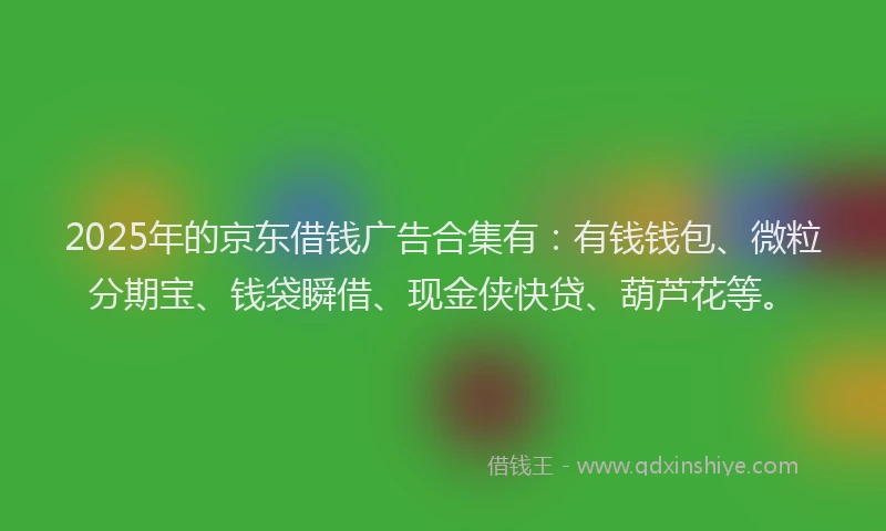 2025年的京东借钱广告合集有：有钱钱包、微粒分期宝、钱袋瞬借、现金侠快贷、葫芦花等。