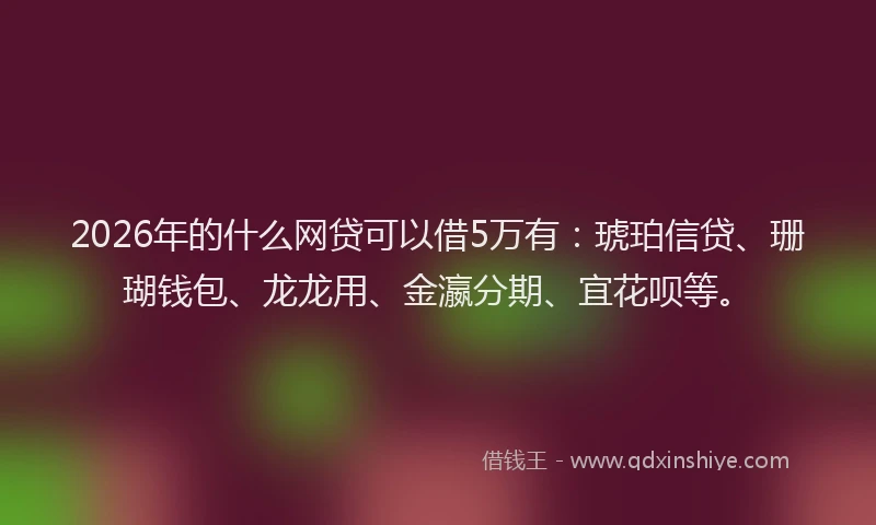 2026年的什么网贷可以借5万有：琥珀信贷、珊瑚钱包、龙龙用、金瀛分期、宜花呗等。