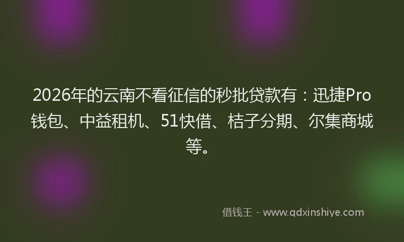 2026年的云南不看征信的秒批贷款有:迅捷Pro钱包、中益租机、51快借、桔子分期、尔集商城等。