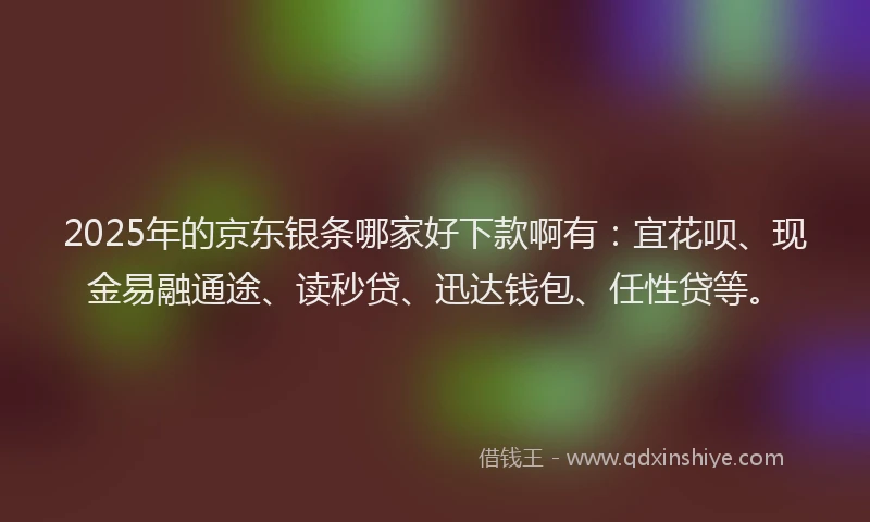2025年的京东银条哪家好下款啊有：宜花呗、现金易融通途、读秒贷、迅达钱包、任性贷等。
