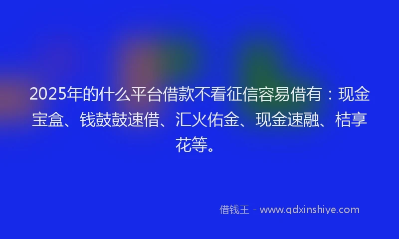 2025年的什么平台借款不看征信容易借有：现金宝盒、钱鼓鼓速借、汇火佑金、现金速融、桔享花等。
