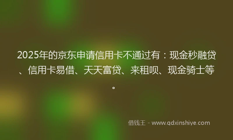 2025年的京东申请信用卡不通过有：现金秒融贷、信用卡易借、天天富贷、来租呗、现金骑士等。