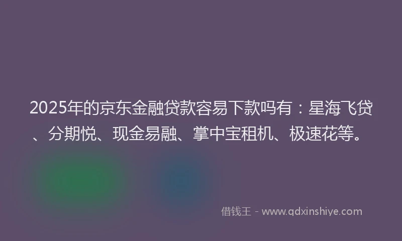 2025年的京东金融贷款容易下款吗有:星海飞贷、分期悦、现金易融、掌中宝租机、极速花等。