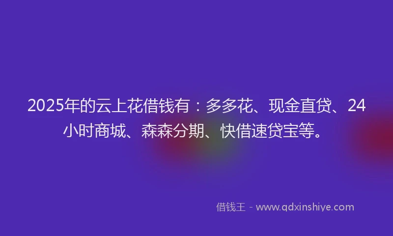 2025年的云上花借钱有：多多花、现金直贷、24小时商城、森森分期、快借速贷宝等。