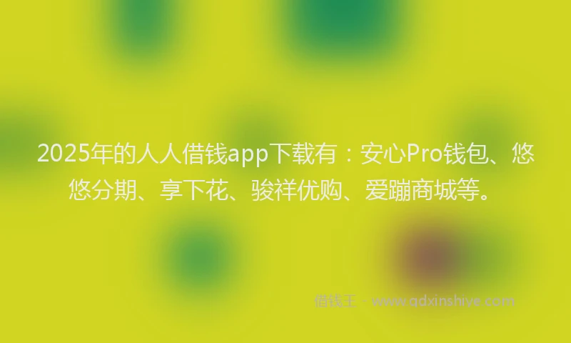 2025年的人人借钱app下载有：安心Pro钱包、悠悠分期、享下花、骏祥优购、爱蹦商城等。