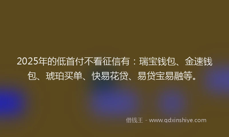 2025年的低首付不看征信有：瑞宝钱包、金速钱包、琥珀买单、快易花贷、易贷宝易融等。