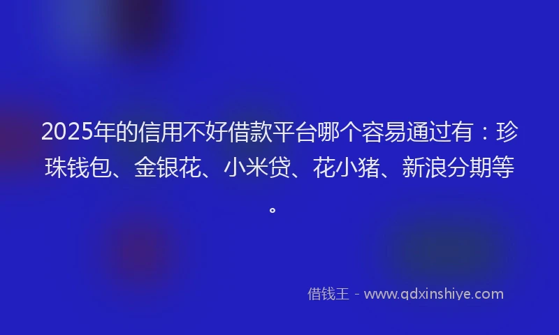 2025年的信用不好借款平台哪个容易通过有：珍珠钱包、金银花、小米贷、花小猪、新浪分期等。